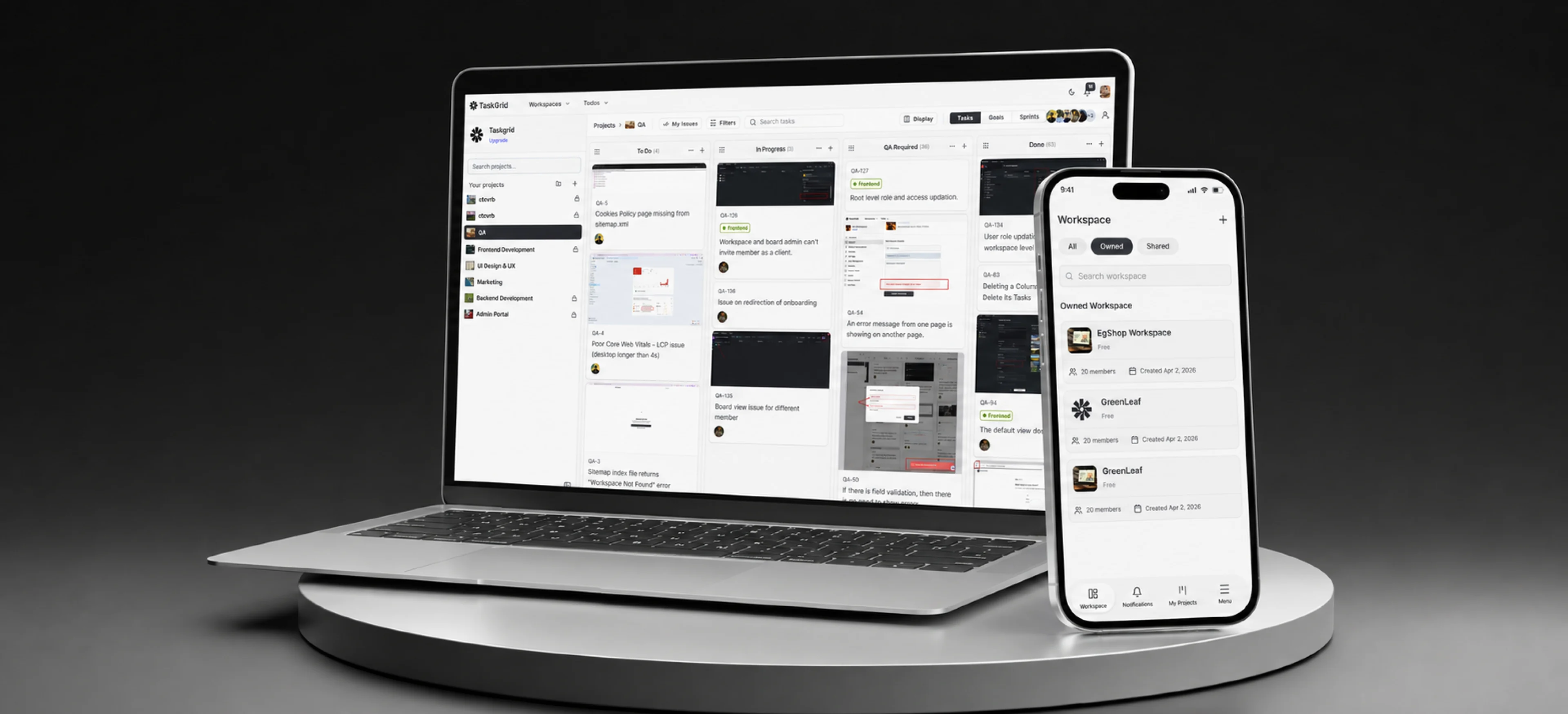 Taskgrid platform shown on desktop, tablet and mobile