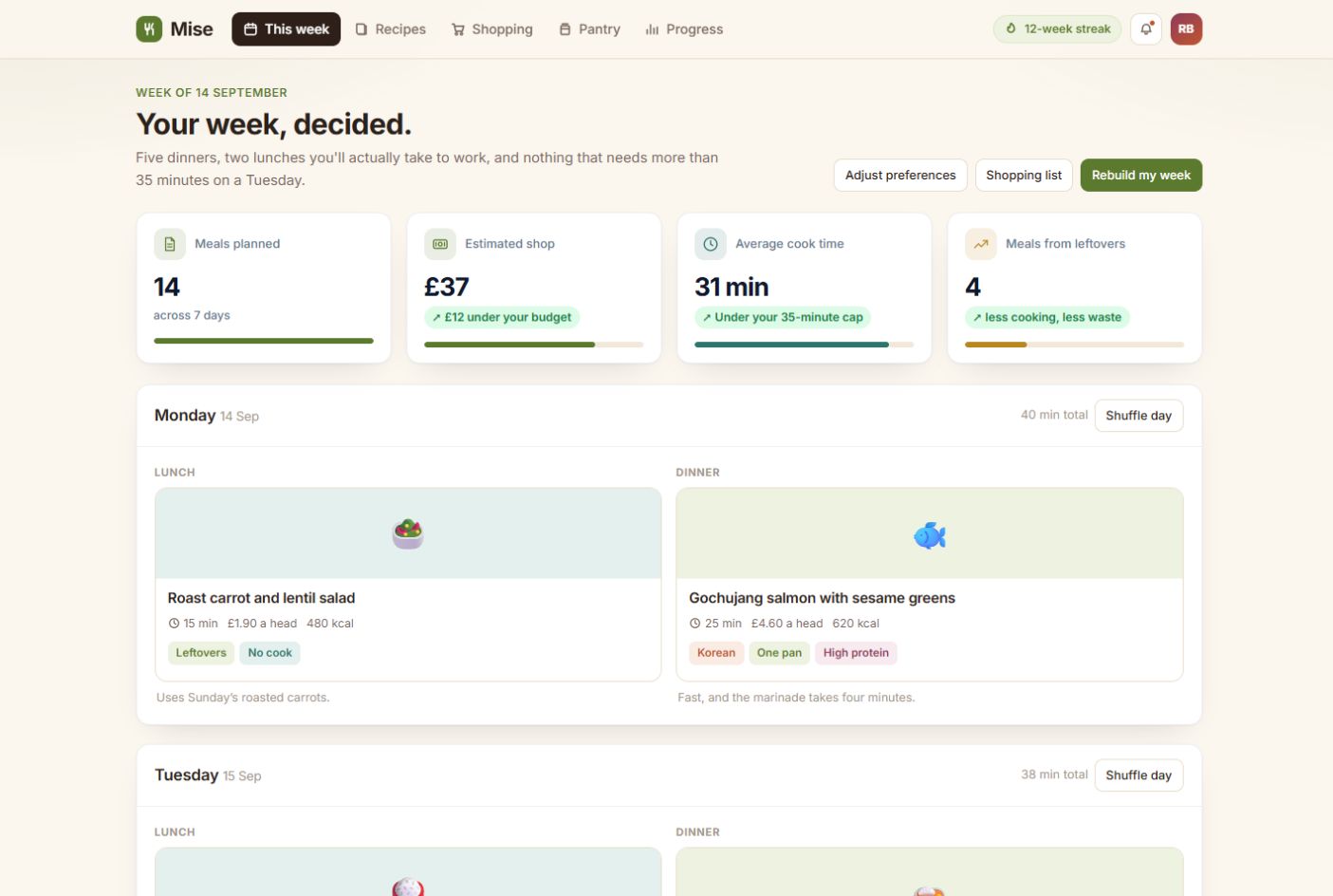 Mise weekly meal plan screen with meals planned, estimated shop and cook-time stats