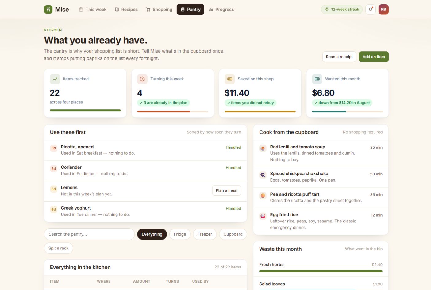 Mise pantry screen tracking ingredients already at home