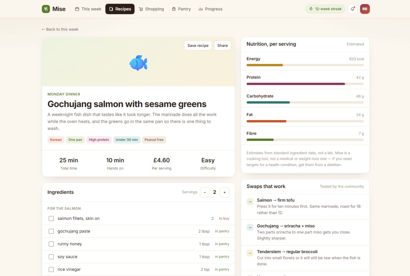 Mise recipe screen for gochujang salmon with step-by-step cook mode
